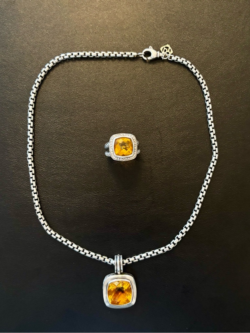 David Yurman 925 Sterling Silver Albion Citrine & Diamond Necklace, Chain & Ring